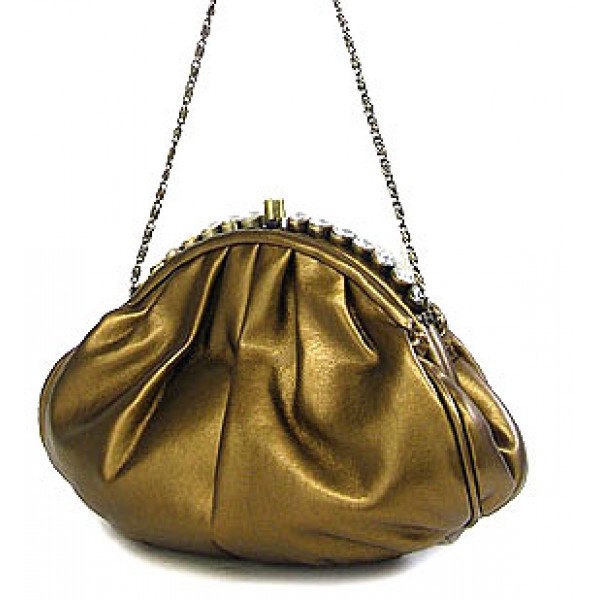 Evening Bag - PU Leather w/ Glass Beads on Top - Bronze - BG-43312BZ